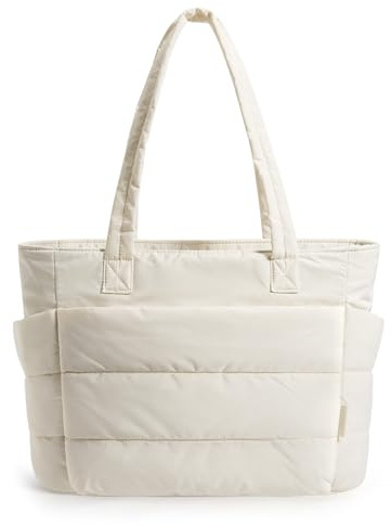 BAGSMART Tote Bag for Women, Lightweight Puffy Tote Bag with Compartments Shoulder Bag Handbag for Travel, Work, Gym (Light Beige, Standard Size)