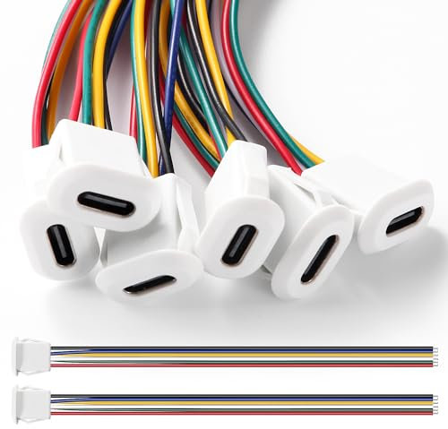 KUOQIY Conector Tipo C Hembra 6 Pines USB con Cable 150mm 24 AWG, 6 Piezas Montaje en Panel con Hebilla de Ranura a Presión, Blanco