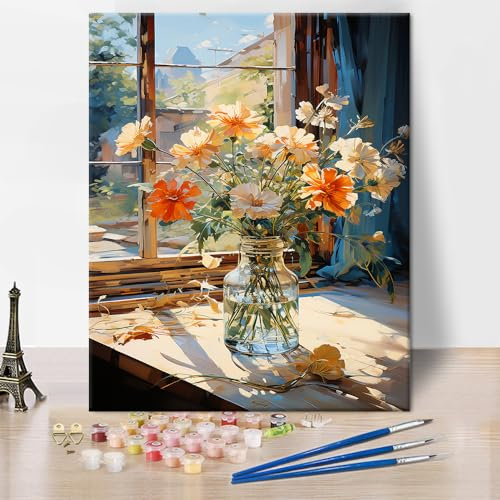 Blumen Farbe nach Zahlen, Blumenstrauß in einer Vase auf der Fensterbank DIY Farbe nach Zahlen Kit für Erwachsene, Aquarell Sonnenschein Farbe nach Zahlen Kits Acrylpigment, 16x20 Inch Ohne Rahmen