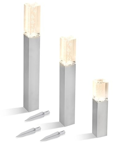 Esotec Solar Wegeleuchten Standleuchten Bubble Tower 3er Set 102557 | 3 Solar Standleuchten 30/50/63cm, Acrylblock mit Luftblaseneffekt, warmweiß 3000K, Edelstahl, AAA Akku wechselbar