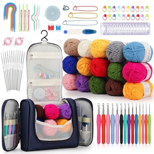 Aeeque Häkelset für Anfänger: 15 Acrylwolle Häkel Set mit Ergonomisch Häkelnadel und Zubehör für Schals, Pullover, Hut