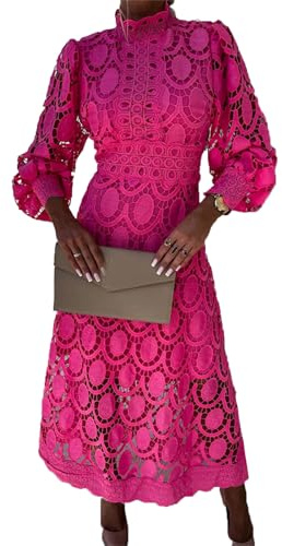 VIVICOLOR Women's Long Sleeve Elegant Lace See Through A Line Dresses Floral Hollow Out Cocktail Party Midi Dress