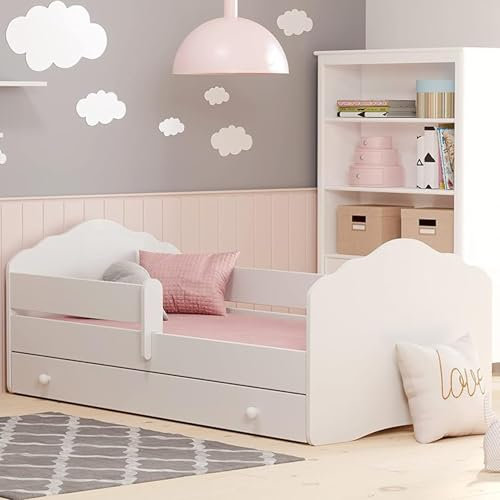 Kinderbett 80x160 cm mit Matratze und Schublade, Lattenrost & abnehmbarer Rausfallschutz Bett für Kinder komplett Set Rausfallschutz Kinderbett Jugendbett Einzelbett weiß von 3. bis 10. Lebensjahr
