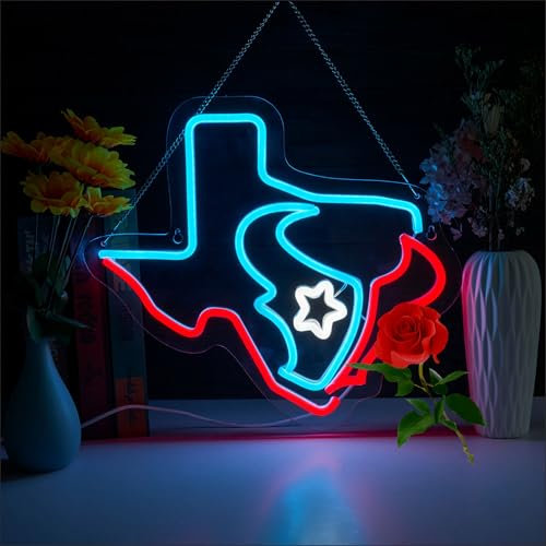 Texans Football Neon Sign for Bar Wall Decor, 17.5* 15.6 In Houston Football Lights Signs Bar LED Sign Neon Sign Dimmable Light Up Signs for Man Cave Bedroom Home Bar Shop Pub Bistro Party Hotel Game