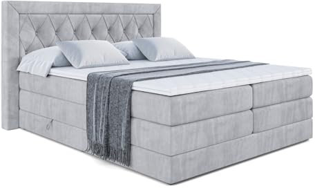 ALTDECOR Boxspringbett mit H3 Matratze-Bonellfederung, H4 Multipocket-Matratze (18 cm hoch) PUR, Topper (4 cm hoch), Polsterbett mit Kopfteil und Bettkasten - Noel King - 160x200 - Grau Monolith 84