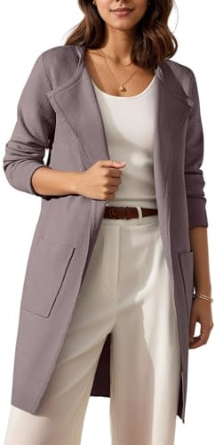 Timuspo Strickmantel Damen Open Front Long Cardigan Damen Blau Langarm Einfarbig Elegante Strickjacke mit Taschen Hellbraun M