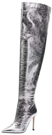 MANYUBEI Stivali sopra Il Ginocchio da Donna, Stivali Alti alla Coscia Vintage Color Argento con Tacco A Spillo E Cerniera Laterale Stivali Lunghi A Punta, 11 Cm/4,33 Pollici, 40 EU,Silver