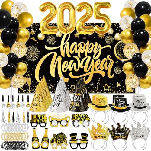 147 Stück Silvester-Partyzubehör für 24 Gäste 2025 Happy New Year Foto-Hintergrund Party-Dekoration inklusive Kegelhüte Brille Ballon Stirnband Tiaras Quaste Squawker Perlenkette Partygeschenke