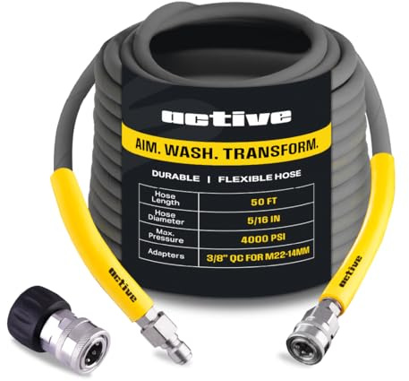 ACTIVE Pressure Washer Hose 50 Ft 5/16 - Kink Resistant Steel braided Power Washer Hose for All Electric & Gas Pressure Washers, Flex Hose w/Max 4000 PSI & 12 GPM at a peak temperature of 212F