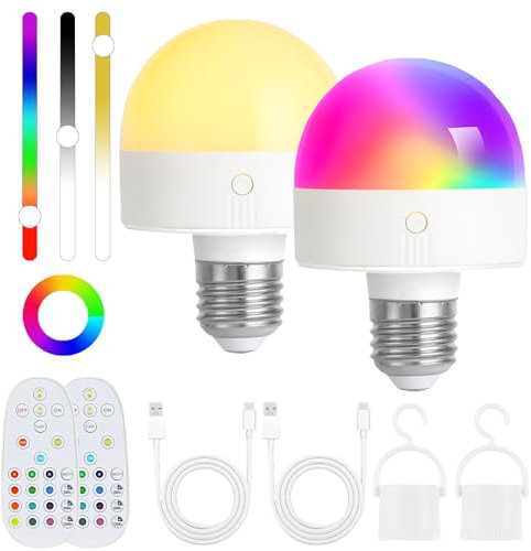 Rechargeable Light Bulb With Timer and Remote, Dimmable Battery Light Bulbs with Magnetic Base, E27/E26 Detachable Charging LED Bulb, Non Hardwired Lamps with 3 Color Temperatures + 12 RGB, 2 Packs