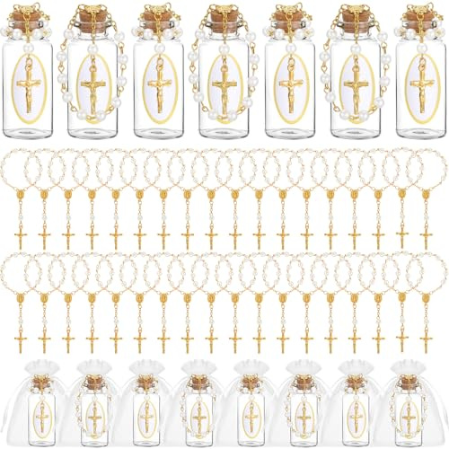 Chuangdi Weihwasserflaschen, Glas mit Kreuz, Rosenkranz, katholischer Weihwasserbehälter, leere Korkverschluss, Flaschen für christliche Kirche, Erstkommunion, Taufe, Party, Gastgeschenk, 109 Stück,