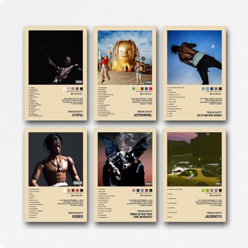 Ein Set von 6 Travis-Postern, Scott, Musikalbum, Vintage-Cover-Poster, Wandkunst, Leinwandposter, Raumdekor-Poster, 20 x 30 cm, ungerahmter Stil