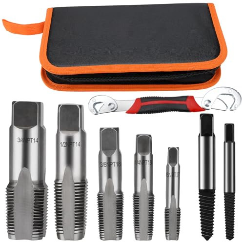 Set di 8 punte filettate NPT (da 1/8 a 3/4) con 2 estrattori per viti e chiavi con custodia in pelle
