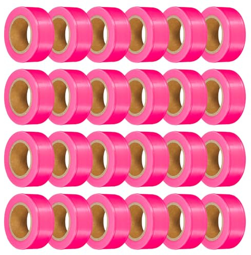 PATIKIL 24Pack Ruban De Marquage Fluorescent Rose, 1 x 100 ft Ruban PVC Neon Non Adhesif Pour Marquage D'Arbres, Marquage De Sentiers