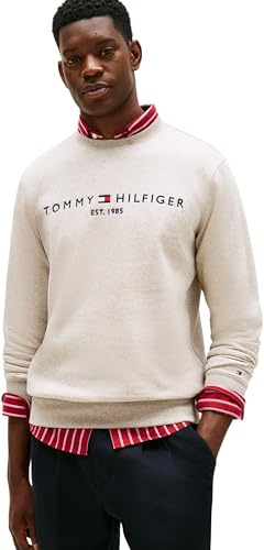 Tommy Hilfiger Uomo Felpa Tommy Logo Senza Cappuccio, Beige (Heathered Pebble), XL