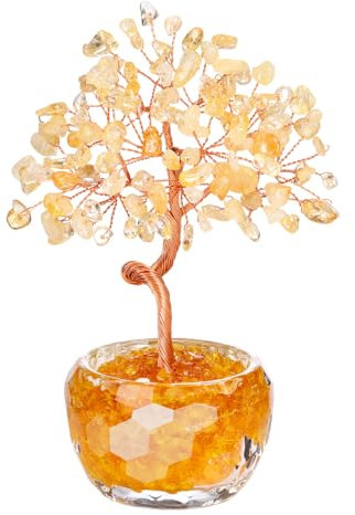 Jovivi 13-14cm Cristal Arbre de Vie Figurine Pierre Naturelle Gemme Feng Shui Tree avec Base Bol Transparant Porte Bonheur Reiki Cristaux Équilibre Décoration Ornement Cadeau Nouvel Maison (Citrine)