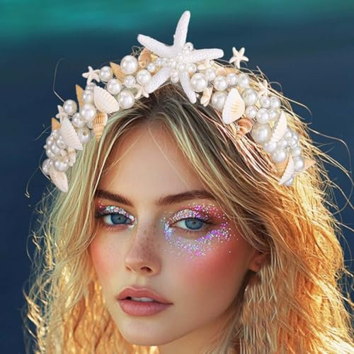 Atigy Seestern-Hochzeits-Tiara und Krone Muschel-und Perlen-Stirnband Strand-Braut-Haar-Accessoires für Frauen