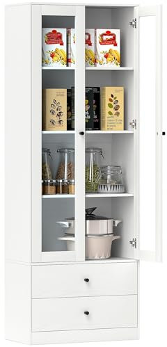 HOMCOM Meuble de Rangement Buffet Salon avec Placard à Portes vitrées, étagères réglables et 2 tiroirs, Armoire de Rangement pour Salon, Cuisine, Chambre, 59 x 30 x 164 cm, Blanc