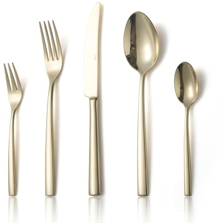 Alata Konrad 18/10 Edelstahl Poliert Champagner Gold, Besteck Set 6 Personen, Essbesteck 30 teilig, Monobloc-Messer, Glänzend, Spülmaschinenfest