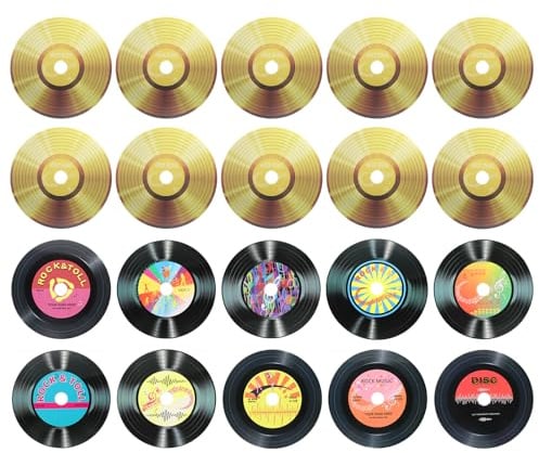 sourcing map Vinyl-Schallplatten-Dekoration, 14 cm, blanko, 11 Designs, gefälschte CD-Album-Cover für Rock-and-Roll-Party, Esszimmer, Heimdekoration, Schwarz und Gold, Stil 3, 20 Stück