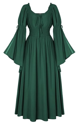 SCARLET DARKNESS Women Medieval Vintage Dress Long Bell Sleeve Square Neck Maxi Dresses Green XL