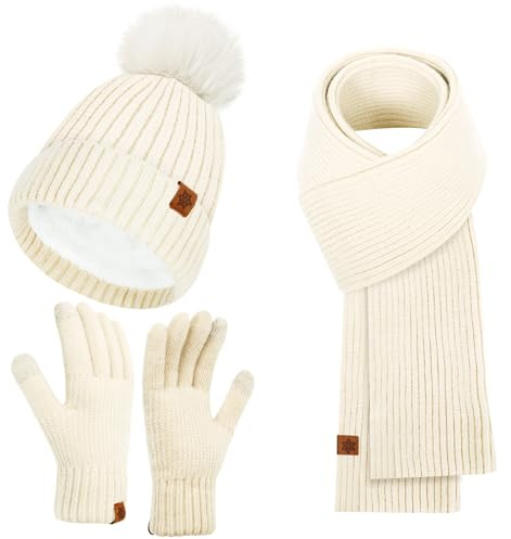 Kulamo Winter Mütze Schal Touchscreen Handschuhe Set, Damen Thermo Beanie mit Bommel Wintermütze Strickmütze Schlauchschal Winterhandschuhe Geschenk für Frauen