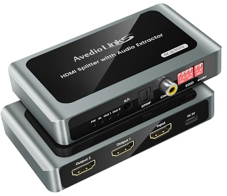 HDMI Splitter 1 In 2 Out mit Audio Out, HDMI zu 2x hdmi + Toslink SPDIF + Koaxial + 3,5mm, unterstützt Dobly Atmos 7.1, DTS, HDCP 2.3, Down Scaler, ideal für TV, PS5, Soundbar