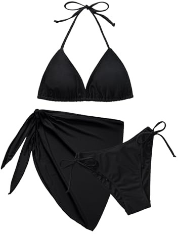 Vijamiy Bikini Damen Set 3 Teiliger Triangel Bikinis Push Up Neckholder Sexy Push Up V Ausschnitt Bademode mit Rock Swimsuit Set