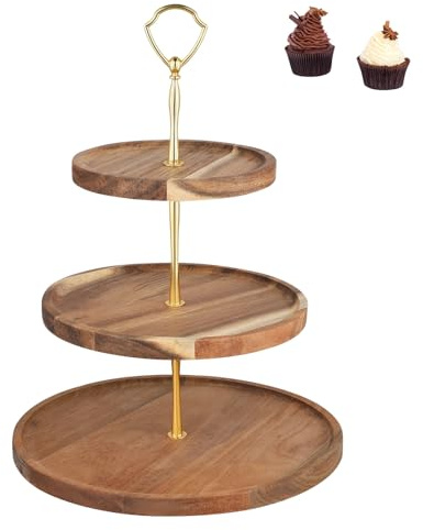 Cake Stand, Vintage Wooden Dessert Display Stand, Tiered Round Acacia Wood Cake Plate, Sturdy Afternoon Tea Stand to Display Cake Sandwich Cupcake for Birthdays Christmas Valentines Decor (3 Tier)