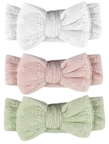 minimutz Haarband Baby 3er Set, Stirnband dehnbar mit Schleife, weiches Haaraccessoire Kleinkind Mädchen (Weiß/Rosa/Mint)