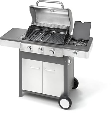 Barbecue a Gas Professionale da Giardino in Acciaio Inox con Fornello Laterale, Termometro, Griglia Ghisa Smaltata, Carrello con Armadietto (3 bruciatori (P 58 x L 126 cm x H115,5 cm))