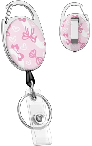 Uniclife Retractable Keychain, Pink Bow Print Badge Reel Lanyard Extender | Lanyard Accessories, Heavy Duty, Carabiner, Key Ring, ID Card Clip, Nylon Cord 61cm, ABS Casing