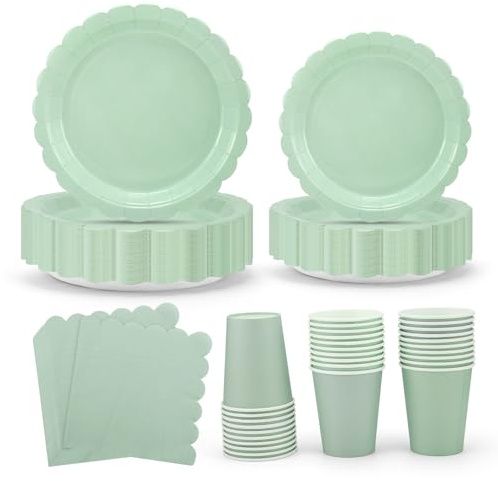 120PCS Disposable Tableware Set, Green, 30 Guests | Paper Plates Cups and Napkins, Pink Party Supplies, For Table Decorations