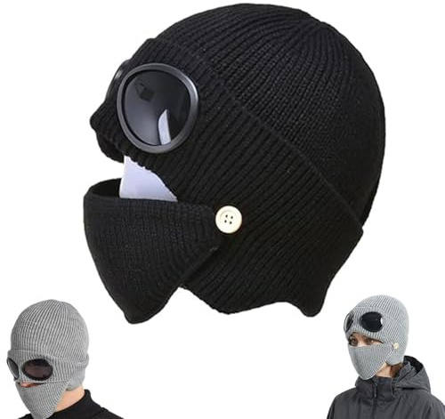 Unisex Winter Ski Beanie Hat with Goggles and Detachable Mask, 3-in-1 Unisex Knitted Goggles Beanie, Outdoor Sport Ski