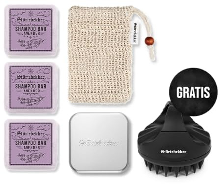 Störtebekker® Premium Duschset - Festes Shampoo Lavendel (x3), Sisalsäckchen, Seifendose Aluminium + GRATIS Scalp Brush - Shampoo Set für Haare & Kopfhaut - Handgefertigt