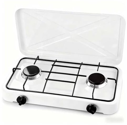 BRICOZONE Fornello A Gas Portatile 2 Fuochi Con Coperchio Richiudibile Piano Cottura Da Campeggio In Acciaio Con Griglie Smaltate Compatibile GPL E Gas Naturale Per Camper Picnic Outdoor (2 Fuochi)