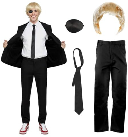 Anime Devil Hunter Costume Full Set - Black Suit Jacket & Trousers, Blonde Wig, Eye Patch & Tie - Saw Hero Inspired Cosplay for Adults - 5-Piece Outfit - Mens Fancy Dress Costume