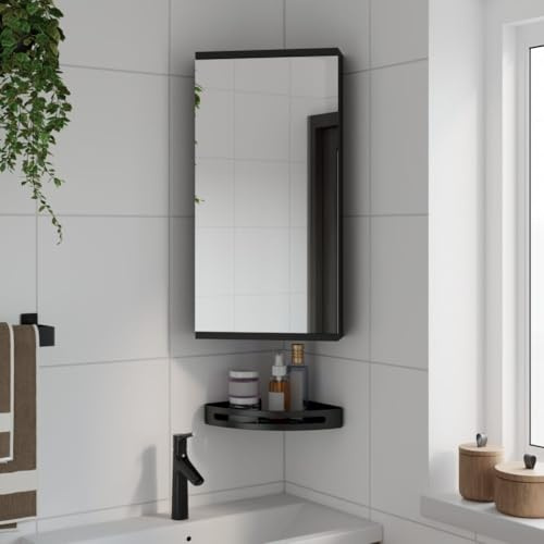 Ordellia Armadietto angolare a specchio nero in legno 30 x 24 x 60 cm con spazio e ripiani per bagno, montaggio a parete, ideale per lavandino e mobili da bagno