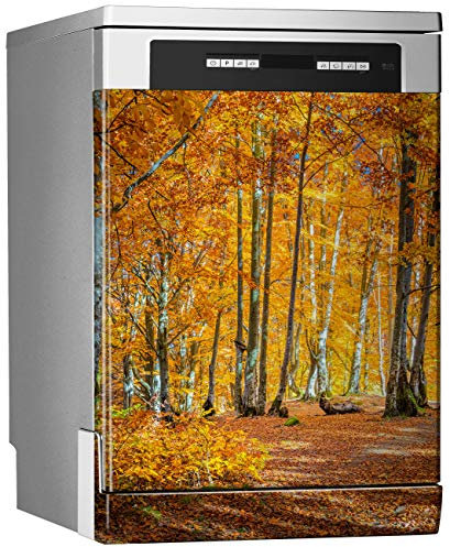 MEGADECOR Vinyle décoratif pour lave-vaisselle, dimensions standard 67 cm x 76 cm, beau jour ensoleillé dans la forêt automne, orange jaune