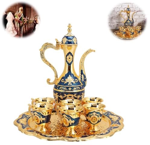 Vintage Turkish Coffee Pot Set,Vintage Turkish Coffee Pot with 6 Coffee Cups,Turkish Copper Coffee Cup Set,Including Craft Tea Tray Teapot and Tea Cups (Blue)