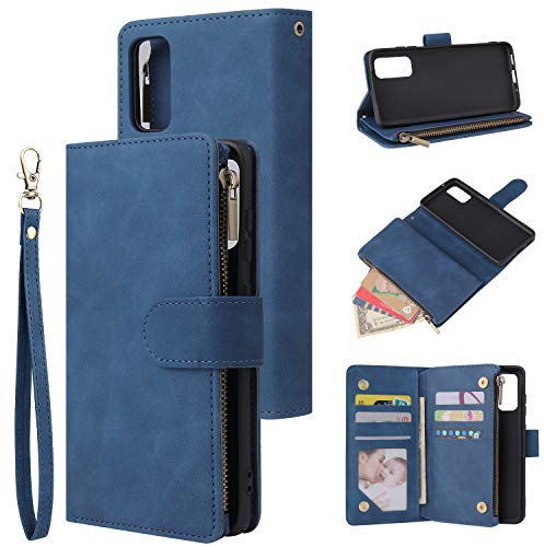 QLTYPRI Hülle für Samsung Galaxy S20 Plus, Premium Leder Handyhülle mit Große Kapazität 6 Kartenfach & 1 Reißverschluss Tasche Ständer Schutzhülle für Samsung Galaxy S20 Plus - Blau