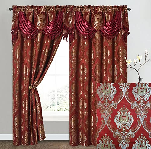 GOHD Luxe Love Jacquard-Fenstervorhang mit angenähtem modischem Volant und Taftrückseite 2er-Set (Weinrot, 137,2 cm breit x 243,8 cm lang mit 45,7 cm Volant x 2 Stück)