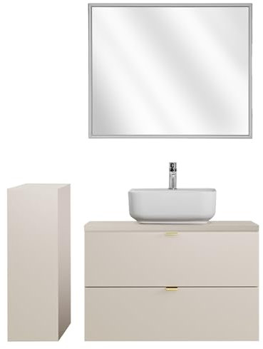 Lomadox Badezimmer Badmöbel Set 3-teilig mit 80 cm Waschtisch in Kaschmir matt, DURANGO-56, inkl. Keramikwaschbecken & LED-Spiegel