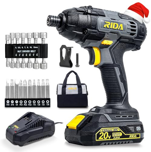 RIDA Impact Driver Kit 180Nm 20V Cordless Impact Drill/Driver Set 1/4 All-Metal Hex Chuck 0-2800RPM Variable Speed, 2000mAh Lithium-ion Battery & 1H Fast Charger, 25 Pcs Driver Bits and Tool Bag