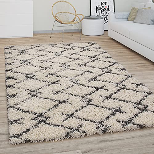 Paco Home Hochflor Teppich Wohnzimmer Schlafzimmer Boho Skandinavisch Shaggy Modern Rautenmuster, Grösse:120 cm Rund, Farbe:Creme Anthrazit 3
