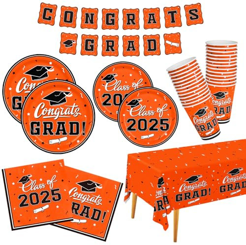 Graduation Party Supplies Gatherfun 2025 Graduation Party Dinnerware Set Orange Disposable Paper Plates Napkins Cups Tablecloth Banner for Congrats Grad Party Decorations, Serve 25