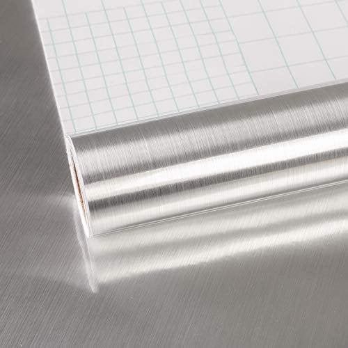 TOTIO Brushed Silver Stainless Steel Look Self Adhesive Wallpaper Peel Stick Kitchen Waterproof Oil-Proof Sticker Aluminum Foil Metal Texture Contact Paper Shiny Thicken 40CMx9M Fridge Vinyl Wrap