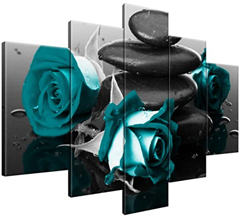Estika Leinwand bilder - Türkis Rosen auf Spa-Steinen - 150x105 cm, 5 teilige kunstdruck - Wandbilder wohnzimmer, schlafzimmer, Moderne wanddeko, Bild auf leinwand - Blumen bilder - 2553A_5H
