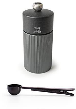 Peugeot Line Manual Pepper Mill Carbon Graphite Aluminum, 12 cm - 4.75 With Stainless Steel Spice Scoop/Bag Clip