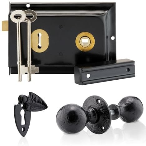 XFORT Smithy's Range Ball Shaped Rim Knob Set Black Antique, Complete with A Rim Lock, Round Rim Door Knob and Escutcheon with Keyhole Cover, Designed for Wooden Barn, Gate and Shed Doors.